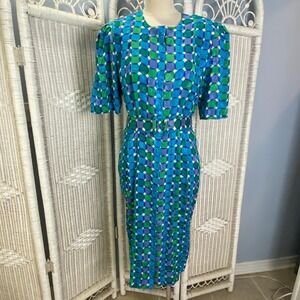 Adrianna Papell 100% Silk Geometric Print Shirt Dress Size 12 Blue Green Vintage